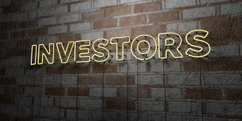 INVESTORS - Glowing Neon Sign on stonework wall - 3D rendered royalty free stock illustration.  Can be used for online banner ads and direct mailers..