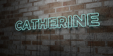 CATHERINE - Glowing Neon Sign on stonework wall - 3D rendered royalty free stock illustration.  Can be used for online banner ads and direct mailers..