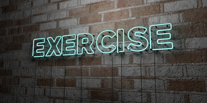 EXERCISE - Glowing Neon Sign on stonework wall - 3D rendered royalty free stock illustration.  Can be used for online banner ads and direct mailers..