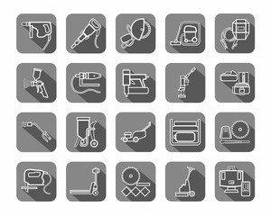 Construction tools, consumables, icons, contour, gray. Vector, white contour drawings of equipment for construction and renovation on a gray background with shadow. 
