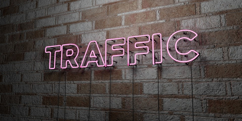 TRAFFIC - Glowing Neon Sign on stonework wall - 3D rendered royalty free stock illustration.  Can be used for online banner ads and direct mailers..