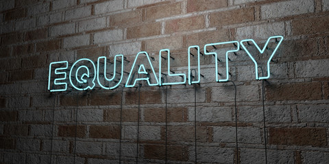 EQUALITY - Glowing Neon Sign on stonework wall - 3D rendered royalty free stock illustration.  Can be used for online banner ads and direct mailers..