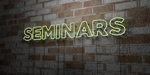 SEMINARS - Glowing Neon Sign on stonework wall - 3D rendered royalty free stock illustration.  Can be used for online banner ads and direct mailers..