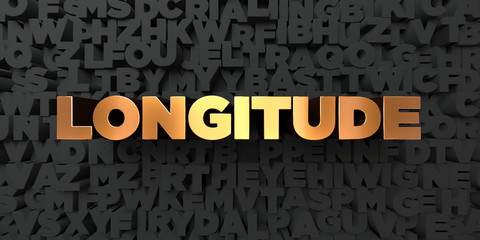 Longitude - Gold text on black background - 3D rendered royalty free stock picture. This image can be used for an online website banner ad or a print postcard.