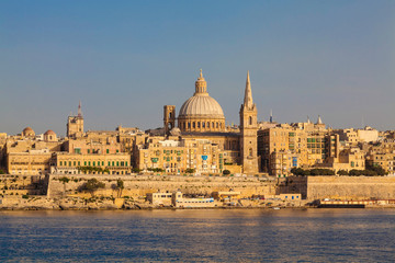 Fototapeta na wymiar Skyline of Valletta in warm, late afternoon light, Malta