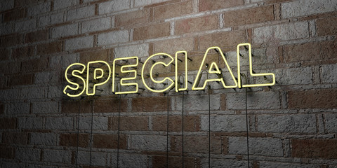 Fototapeta na wymiar SPECIAL - Glowing Neon Sign on stonework wall - 3D rendered royalty free stock illustration. Can be used for online banner ads and direct mailers..