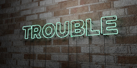 TROUBLE - Glowing Neon Sign on stonework wall - 3D rendered royalty free stock illustration.  Can be used for online banner ads and direct mailers..