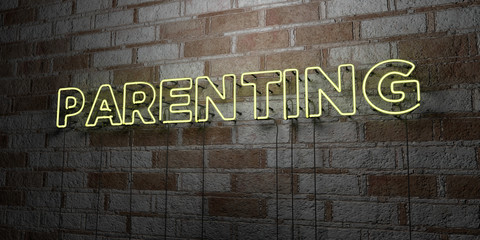 PARENTING - Glowing Neon Sign on stonework wall - 3D rendered royalty free stock illustration.  Can be used for online banner ads and direct mailers..