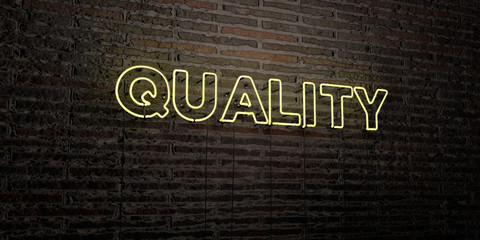QUALITY -Realistic Neon Sign on Brick Wall background - 3D rendered royalty free stock image. Can be used for online banner ads and direct mailers..
