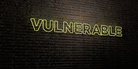 VULNERABLE -Realistic Neon Sign on Brick Wall background - 3D rendered royalty free stock image. Can be used for online banner ads and direct mailers..