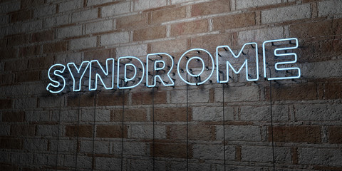 Fototapeta na wymiar SYNDROME - Glowing Neon Sign on stonework wall - 3D rendered royalty free stock illustration. Can be used for online banner ads and direct mailers..