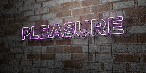 PLEASURE - Glowing Neon Sign on stonework wall - 3D rendered royalty free stock illustration.  Can be used for online banner ads and direct mailers..