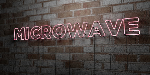 MICROWAVE - Glowing Neon Sign on stonework wall - 3D rendered royalty free stock illustration.  Can be used for online banner ads and direct mailers..