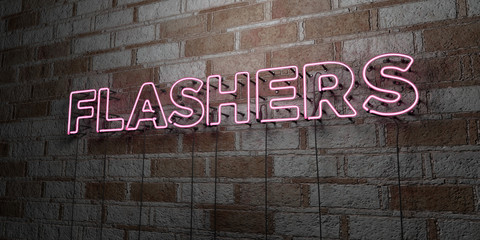 FLASHERS - Glowing Neon Sign on stonework wall - 3D rendered royalty free stock illustration.  Can be used for online banner ads and direct mailers..
