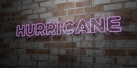 HURRICANE - Glowing Neon Sign on stonework wall - 3D rendered royalty free stock illustration.  Can be used for online banner ads and direct mailers..