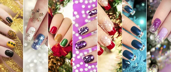 Fotobehang Разноцветный  новогодний маникюр с зимним дизайном  ногтей с блёстками,стразами на коротких и длинных женских ногтях. © marigo