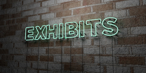 EXHIBITS - Glowing Neon Sign on stonework wall - 3D rendered royalty free stock illustration.  Can be used for online banner ads and direct mailers..