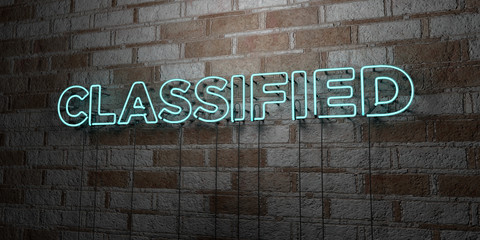 CLASSIFIED - Glowing Neon Sign on stonework wall - 3D rendered royalty free stock illustration.  Can be used for online banner ads and direct mailers..