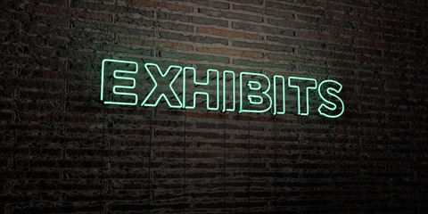 EXHIBITS -Realistic Neon Sign on Brick Wall background - 3D rendered royalty free stock image. Can be used for online banner ads and direct mailers..