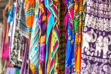 colorful patterned shawls and fabric at Zanzibar market