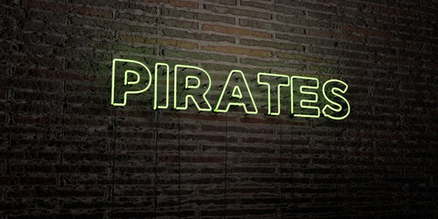 PIRATES -Realistic Neon Sign on Brick Wall background - 3D rendered royalty free stock image. Can be used for online banner ads and direct mailers..