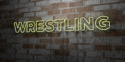 WRESTLING - Glowing Neon Sign on stonework wall - 3D rendered royalty free stock illustration.  Can be used for online banner ads and direct mailers..