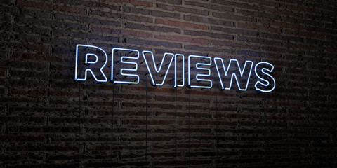 REVIEWS -Realistic Neon Sign on Brick Wall background - 3D rendered royalty free stock image. Can be used for online banner ads and direct mailers..
