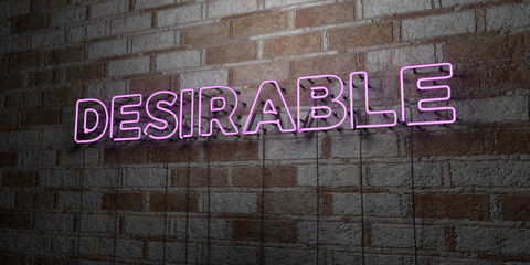 DESIRABLE - Glowing Neon Sign on stonework wall - 3D rendered royalty free stock illustration.  Can be used for online banner ads and direct mailers..