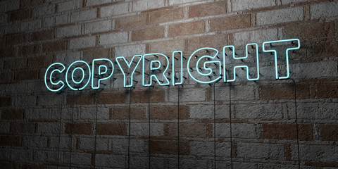 COPYRIGHT - Glowing Neon Sign on stonework wall - 3D rendered royalty free stock illustration.  Can be used for online banner ads and direct mailers..