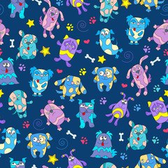 Seamless pattern with funny cartoon dogs on a blue background