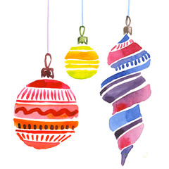 Christmas decorations watercolor illustration. Xmas hand drawn o