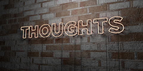 THOUGHTS - Glowing Neon Sign on stonework wall - 3D rendered royalty free stock illustration.  Can be used for online banner ads and direct mailers..