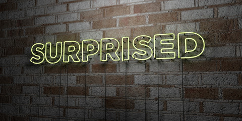 SURPRISED - Glowing Neon Sign on stonework wall - 3D rendered royalty free stock illustration.  Can be used for online banner ads and direct mailers..