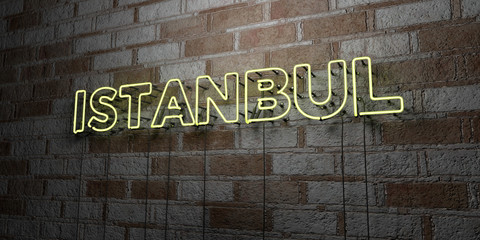 ISTANBUL - Glowing Neon Sign on stonework wall - 3D rendered royalty free stock illustration.  Can be used for online banner ads and direct mailers..