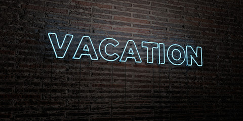 VACATION -Realistic Neon Sign on Brick Wall background - 3D rendered royalty free stock image. Can be used for online banner ads and direct mailers..