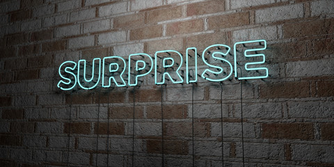 SURPRISE - Glowing Neon Sign on stonework wall - 3D rendered royalty free stock illustration.  Can be used for online banner ads and direct mailers..
