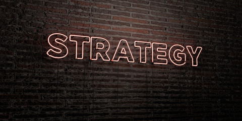 STRATEGY -Realistic Neon Sign on Brick Wall background - 3D rendered royalty free stock image. Can be used for online banner ads and direct mailers..