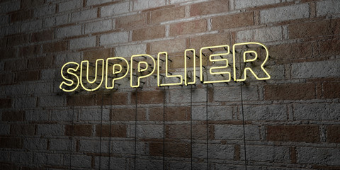 SUPPLIER - Glowing Neon Sign on stonework wall - 3D rendered royalty free stock illustration.  Can be used for online banner ads and direct mailers..