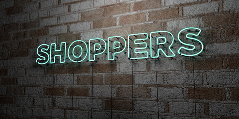 Fototapeta premium SHOPPERS - Glowing Neon Sign on stonework wall - 3D rendered royalty free stock illustration. Can be used for online banner ads and direct mailers..
