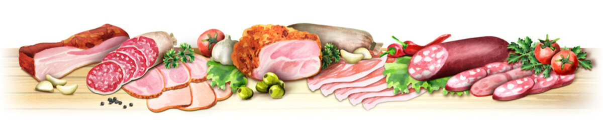 Panoramic image of smoked meat and sausages on a white background. Can be used for kitchen skinali. Watercolor