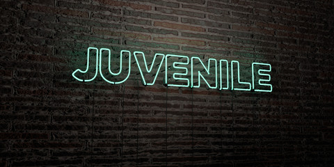 JUVENILE -Realistic Neon Sign on Brick Wall background - 3D rendered royalty free stock image. Can be used for online banner ads and direct mailers..
