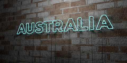 AUSTRALIA - Glowing Neon Sign on stonework wall - 3D rendered royalty free stock illustration.  Can be used for online banner ads and direct mailers..