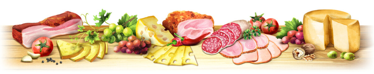 Panoramabild von geräuchertem Fleisch, Wurst und Käse auf weißem Hintergrund. Kann für Küchen-Skinali verwendet werden. Aquarell