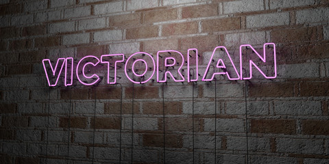 VICTORIAN - Glowing Neon Sign on stonework wall - 3D rendered royalty free stock illustration.  Can be used for online banner ads and direct mailers..