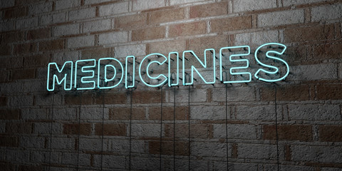 MEDICINES - Glowing Neon Sign on stonework wall - 3D rendered royalty free stock illustration.  Can be used for online banner ads and direct mailers..