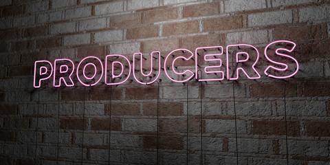 PRODUCERS - Glowing Neon Sign on stonework wall - 3D rendered royalty free stock illustration.  Can be used for online banner ads and direct mailers..