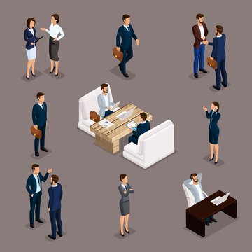 Isometric People Isometric businessmen, businessman and business woman, men in business suits in the process. Office furniture, laptop, computer, desk and chair. Business meeting