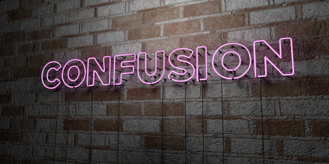 CONFUSION - Glowing Neon Sign on stonework wall - 3D rendered royalty free stock illustration.  Can be used for online banner ads and direct mailers..