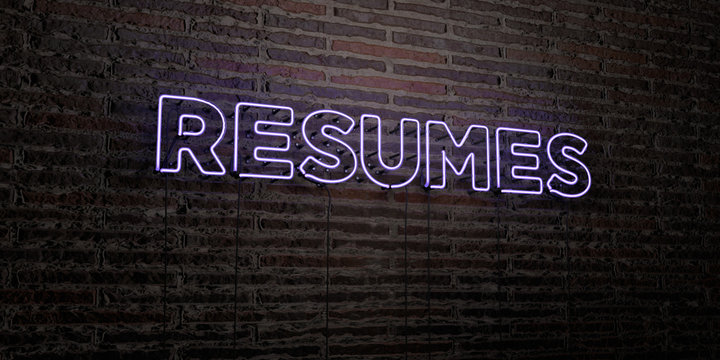 RESUMES -Realistic Neon Sign on Brick Wall background - 3D rendered royalty free stock image. Can be used for online banner ads and direct mailers..