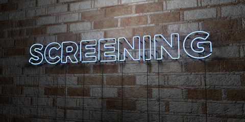 SCREENING - Glowing Neon Sign on stonework wall - 3D rendered royalty free stock illustration.  Can be used for online banner ads and direct mailers..